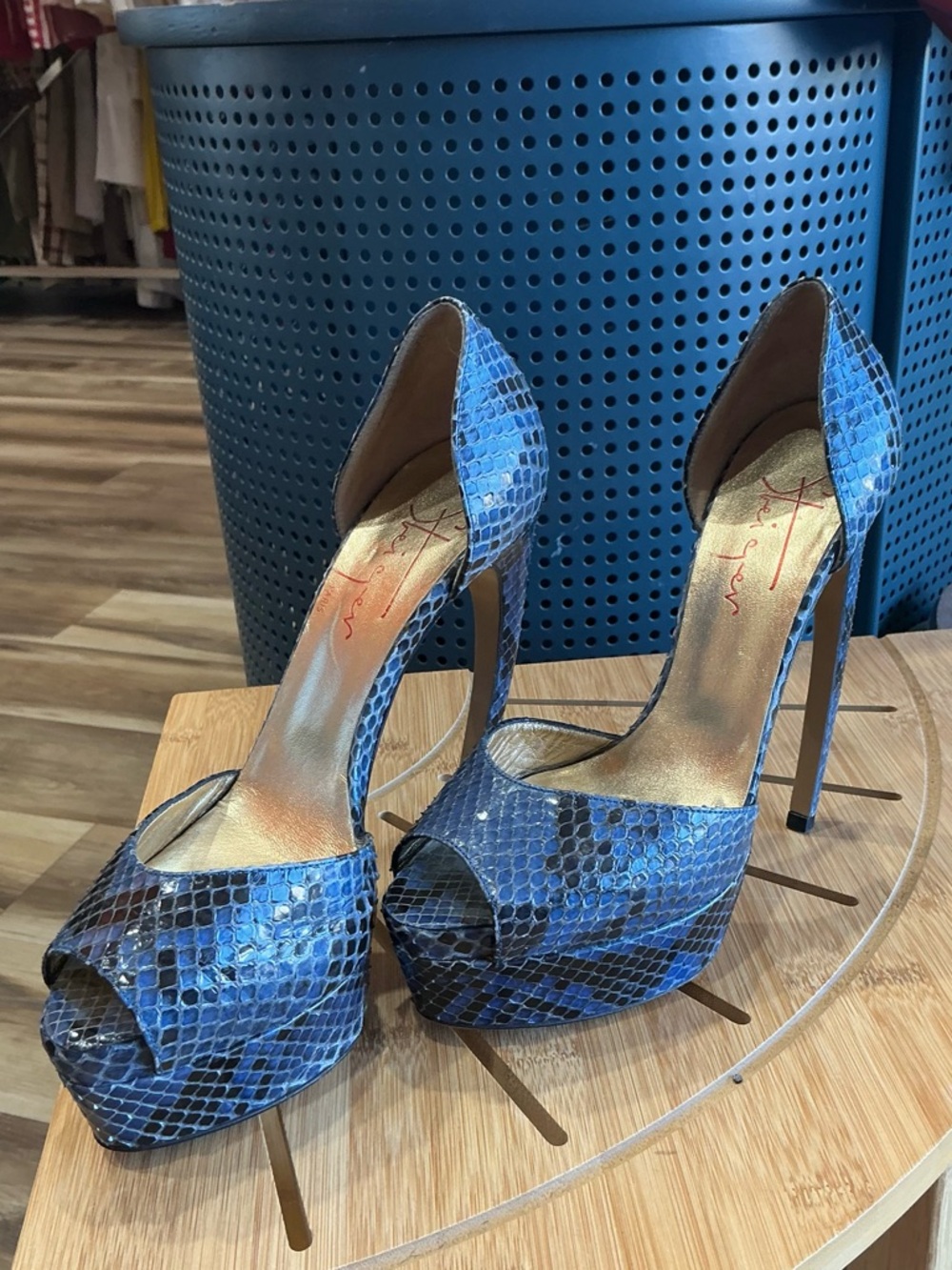Walter Steiger Blue Snake-Print Peep-Toe Platform Curved Stilettos